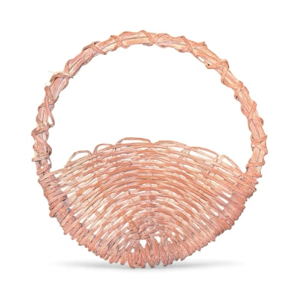 Vintage Woven Wicker Wall Pocket Basket Terracotta Pink Round Handle Farmhouse